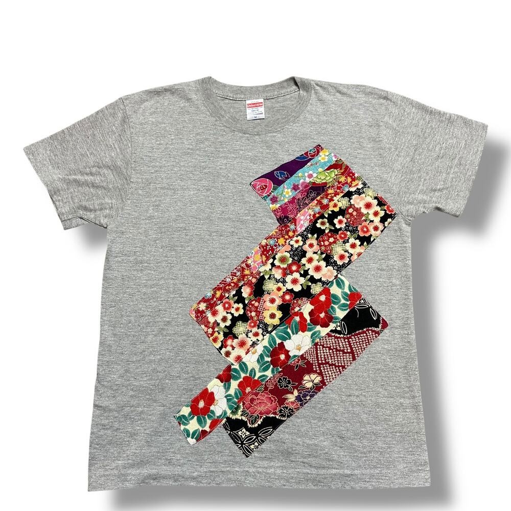 Handmade Japanese Kimono Applique Quilt Patchwork Tee Shirt Gray Floral Sz M